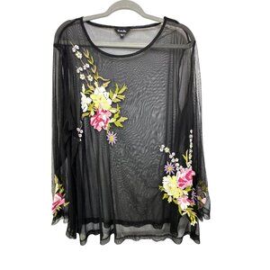 Simply Be Black Sheer Embroidered Floral Top Size 26 Oversized Whimsical Style